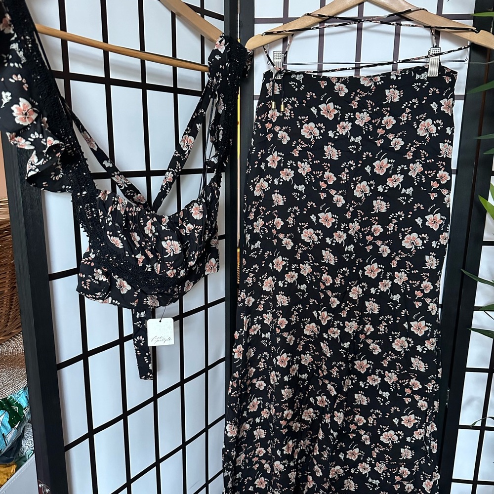NWT Free People Black Floral Two-Piece Set